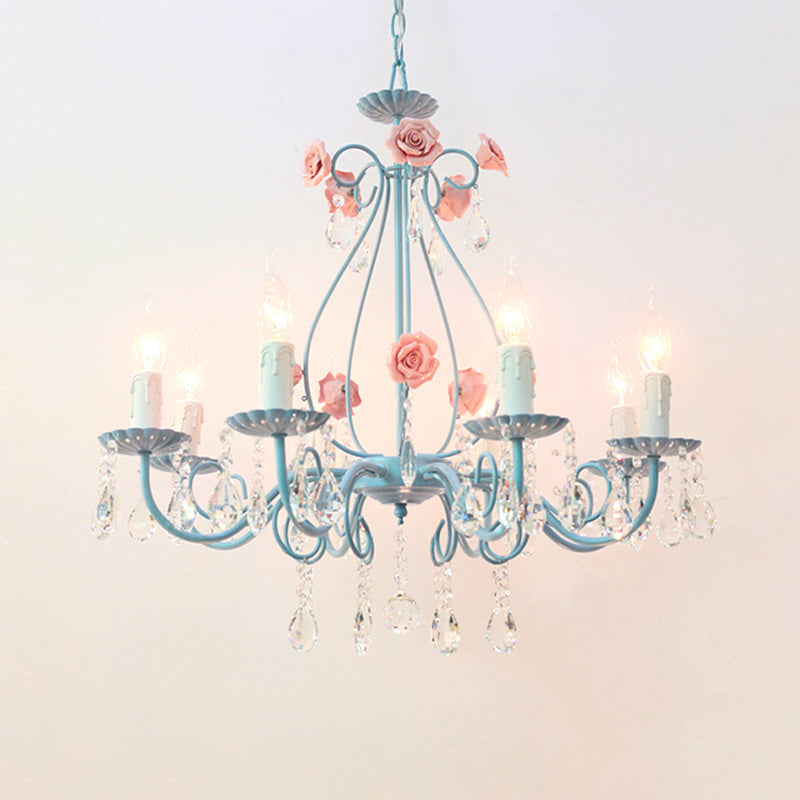 Pink/Yellow Candle Hanging Chandelier Traditional Clear Crystal 5/8 Lights Living Room Ceiling Pendant Clearhalo 'Ceiling Lights' 'Chandeliers' Lighting' options 324851