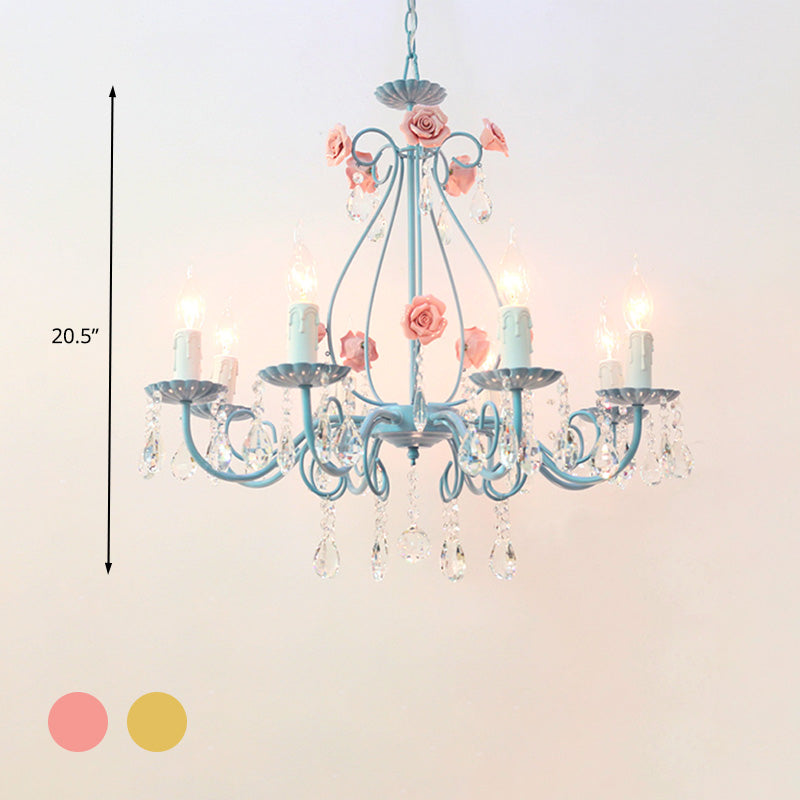 Pink/Yellow Candle Hanging Chandelier Traditional Clear Crystal 5/8 Lights Living Room Ceiling Pendant Clearhalo 'Ceiling Lights' 'Chandeliers' Lighting' options 324852