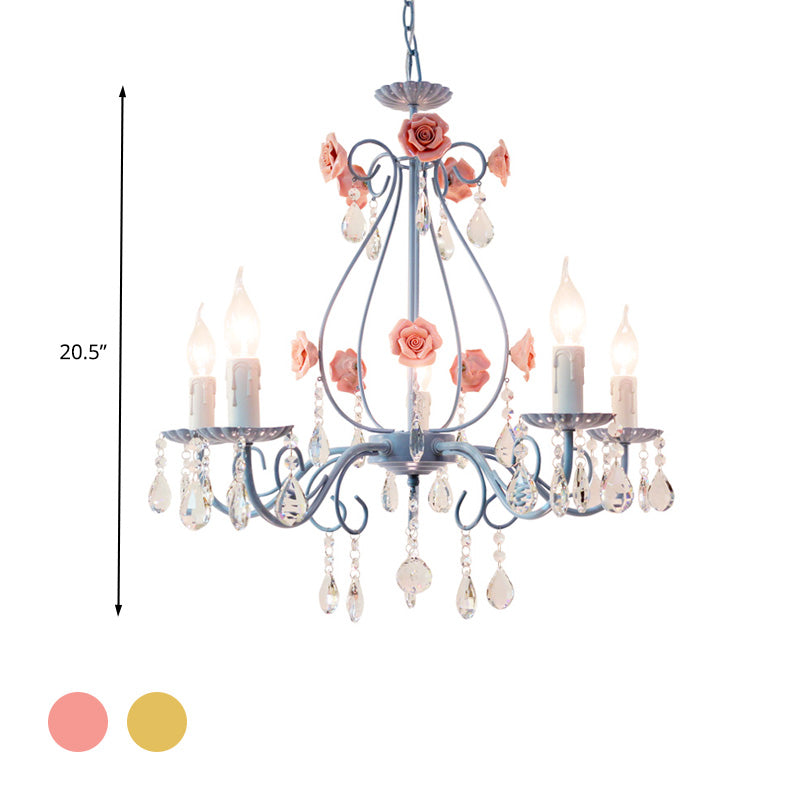 Pink/Yellow Candle Hanging Chandelier Traditional Clear Crystal 5/8 Lights Living Room Ceiling Pendant Clearhalo 'Ceiling Lights' 'Chandeliers' Lighting' options 324854