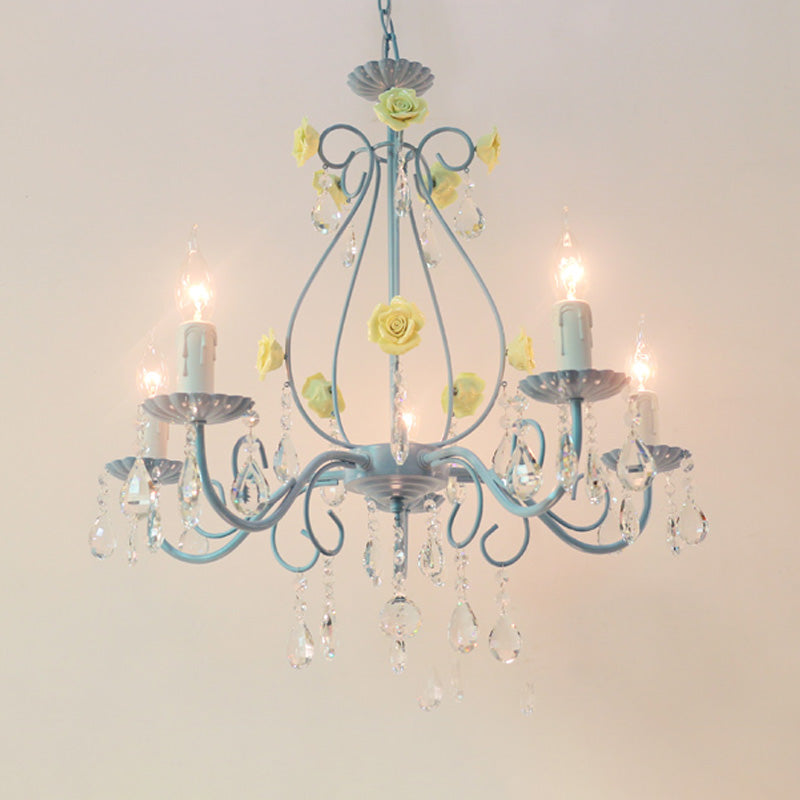 Pink/Yellow Candle Hanging Chandelier Traditional Clear Crystal 5/8 Lights Living Room Ceiling Pendant Clearhalo 'Ceiling Lights' 'Chandeliers' Lighting' options 324855