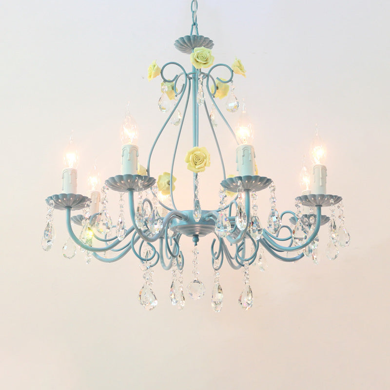 Pink/Yellow Candle Hanging Chandelier Traditional Clear Crystal 5/8 Lights Living Room Ceiling Pendant Clearhalo 'Ceiling Lights' 'Chandeliers' Lighting' options 324856