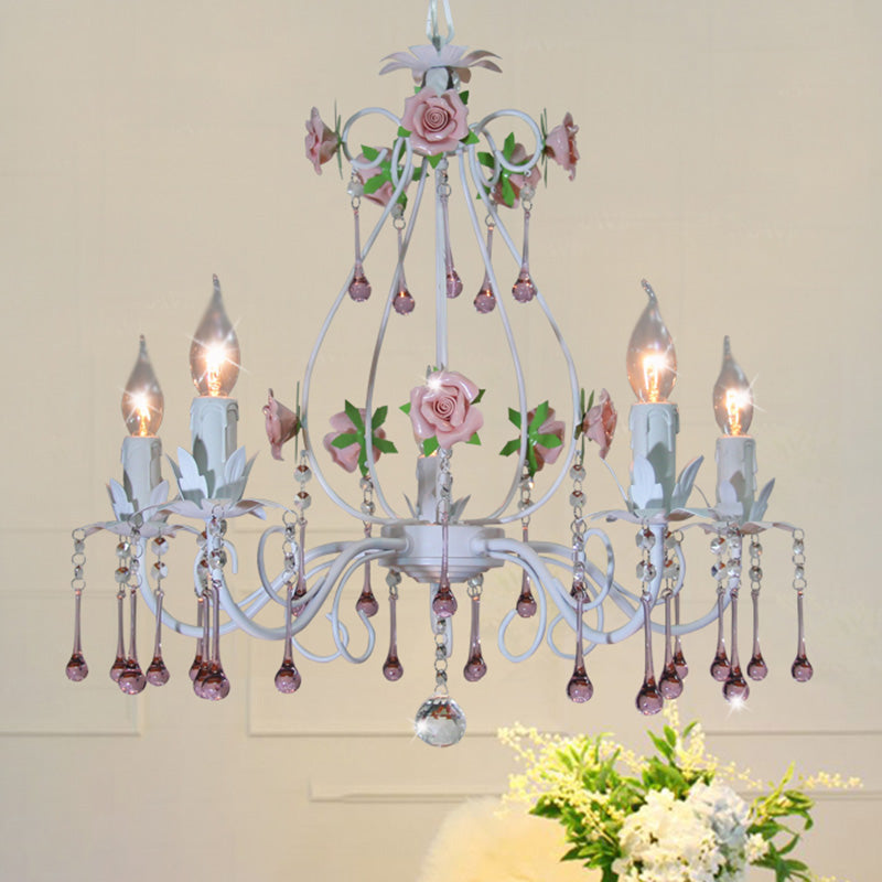 Crystal Ball Pink Pendant Chandelier Candlestick 5 Lights Countryside Ceiling Hang Fixture for Bedroom Clearhalo 'Ceiling Lights' 'Chandeliers' Lighting' options 324890