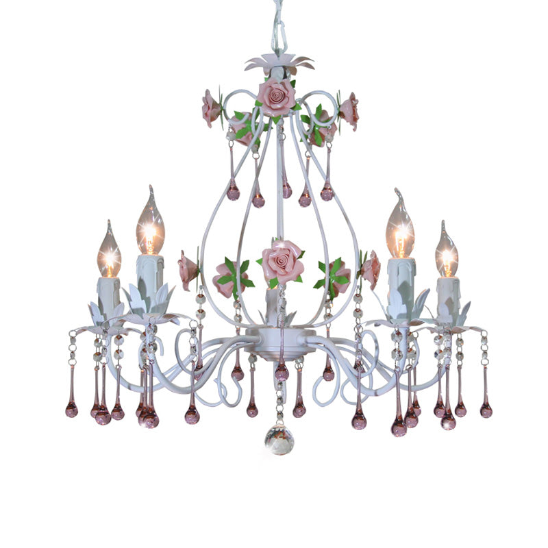 Crystal Ball Pink Pendant Chandelier Candlestick 5 Lights Countryside Ceiling Hang Fixture for Bedroom Clearhalo 'Ceiling Lights' 'Chandeliers' Lighting' options 324892