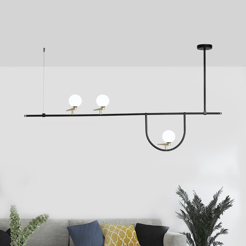 3 Heads Linear Island Lighting Minimalism Metal Hanging Pendant Light in Black with Opal Glass Shade Black Clearhalo 'Ceiling Lights' 'Island Lights' Lighting' 324894