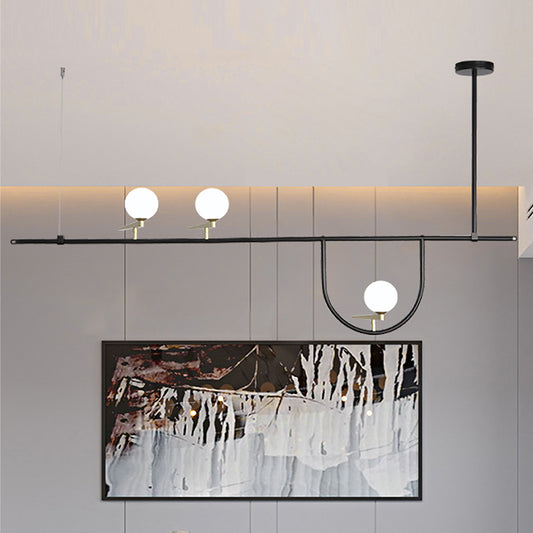 3 Heads Linear Island Lighting Minimalism Metal Hanging Pendant Light in Black with Opal Glass Shade Clearhalo 'Ceiling Lights' 'Island Lights' Lighting' 324895