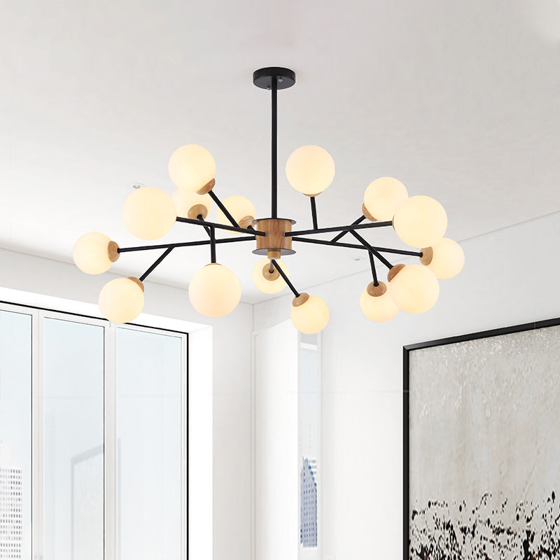 Milky Glass Sphere Hanging Chandelier Contemporary 6/15 Heads White/Black Suspended Lighting Fixture Black Clearhalo 'Ceiling Lights' 'Chandeliers' 'Glass shade' 'Glass' Lighting' 324904