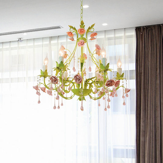 6/8 Bulbs Candle Pendant Lamp Traditionalism Green Crystal Chandelier Light Fixture for Bedroom Clearhalo 'Ceiling Lights' 'Chandeliers' Lighting' options 324913