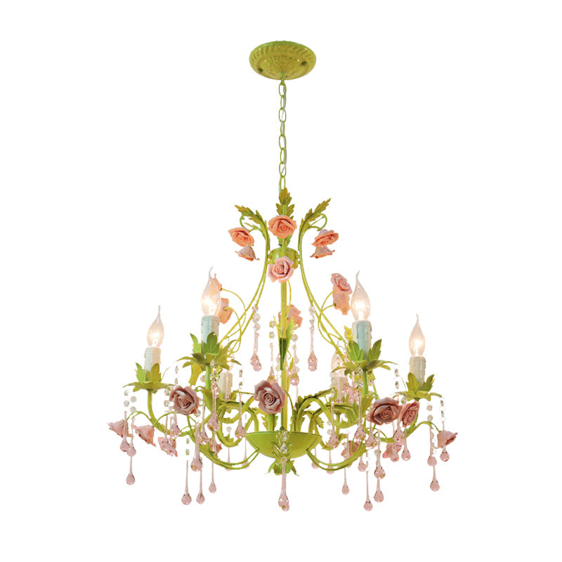 6/8 Bulbs Candle Pendant Lamp Traditionalism Green Crystal Chandelier Light Fixture for Bedroom Clearhalo 'Ceiling Lights' 'Chandeliers' Lighting' options 324914