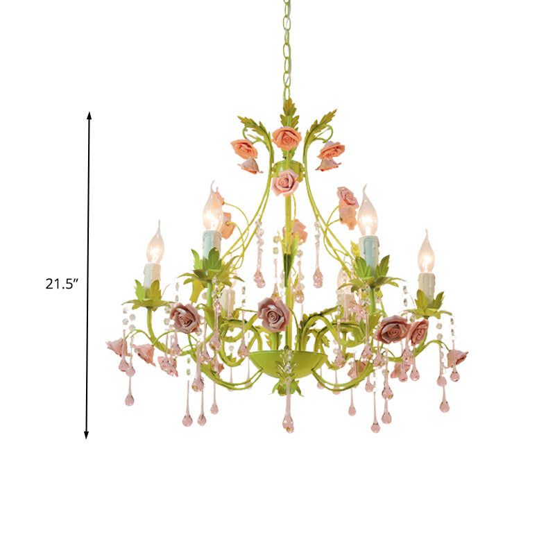 6/8 Bulbs Candle Pendant Lamp Traditionalism Green Crystal Chandelier Light Fixture for Bedroom Clearhalo 'Ceiling Lights' 'Chandeliers' Lighting' options 324915