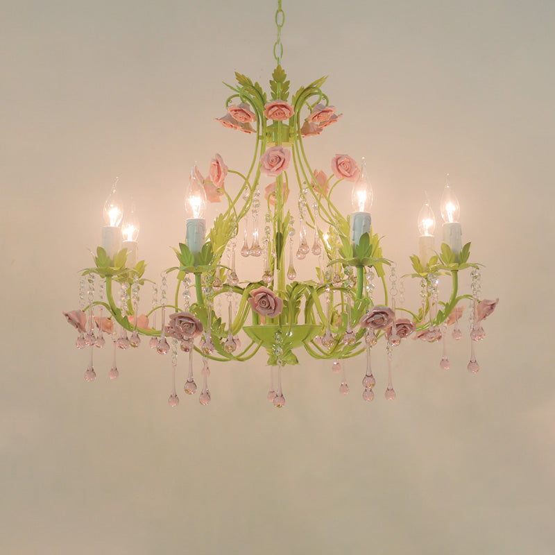 6/8 Bulbs Candle Pendant Lamp Traditionalism Green Crystal Chandelier Light Fixture for Bedroom Clearhalo 'Ceiling Lights' 'Chandeliers' Lighting' options 324916