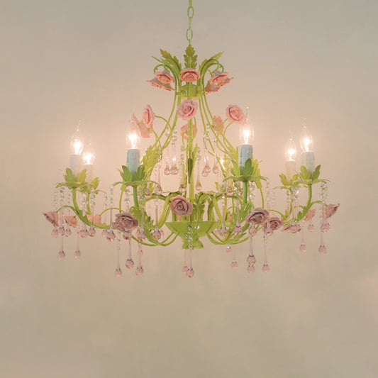 6/8 Bulbs Candle Pendant Lamp Traditionalism Green Crystal Chandelier Light Fixture for Bedroom Clearhalo 'Ceiling Lights' 'Chandeliers' Lighting' options 324916