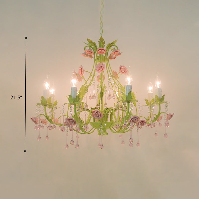 6/8 Bulbs Candle Pendant Lamp Traditionalism Green Crystal Chandelier Light Fixture for Bedroom Clearhalo 'Ceiling Lights' 'Chandeliers' Lighting' options 324917