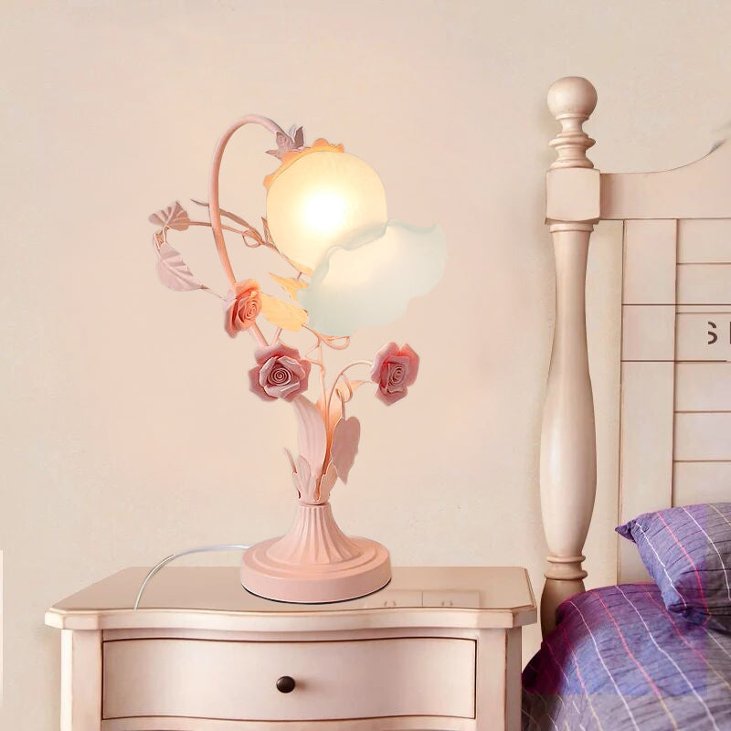 Flower Bedroom Table Light Countryside Opal Frosted Glass 1 Head Pink Nightstand Lamp Pink Clearhalo 'Lamps' 'Table Lamps' Lighting' 324922