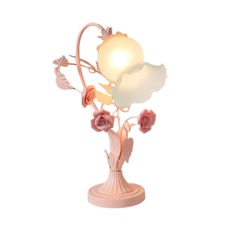 Flower Bedroom Table Light Countryside Opal Frosted Glass 1 Head Pink Nightstand Lamp Clearhalo 'Lamps' 'Table Lamps' Lighting' 324925