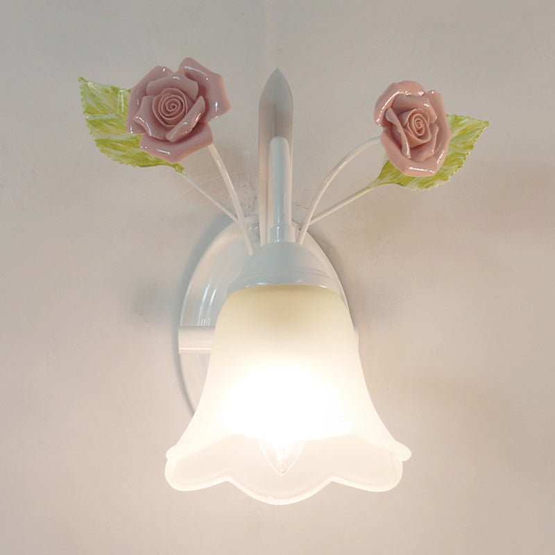 Ivory Glass Flower Wall Mounted Lamp Countryside 1 Head Living Room Sconce Light Fixture in White/Pink/Blue White Clearhalo 'Wall Lamps & Sconces' 'Wall Lights' Lighting' 324966