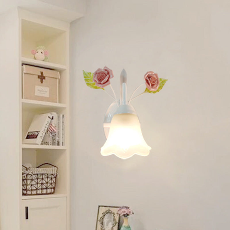 Ivory Glass Flower Wall Mounted Lamp Countryside 1 Head Living Room Sconce Light Fixture in White/Pink/Blue Clearhalo 'Wall Lamps & Sconces' 'Wall Lights' Lighting' 324967