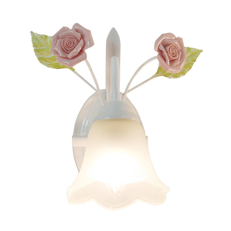 Ivory Glass Flower Wall Mounted Lamp Countryside 1 Head Living Room Sconce Light Fixture in White/Pink/Blue Clearhalo 'Wall Lamps & Sconces' 'Wall Lights' Lighting' 324969