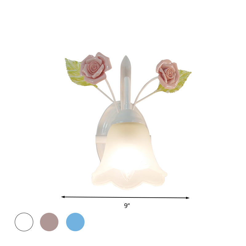 Ivory Glass Flower Wall Mounted Lamp Countryside 1 Head Living Room Sconce Light Fixture in White/Pink/Blue Clearhalo 'Wall Lamps & Sconces' 'Wall Lights' Lighting' 324970