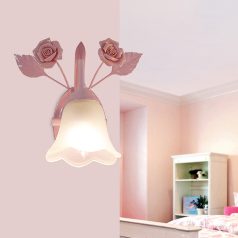 Ivory Glass Flower Wall Mounted Lamp Countryside 1 Head Living Room Sconce Light Fixture in White/Pink/Blue Pink Clearhalo 'Wall Lamps & Sconces' 'Wall Lights' Lighting' 324971