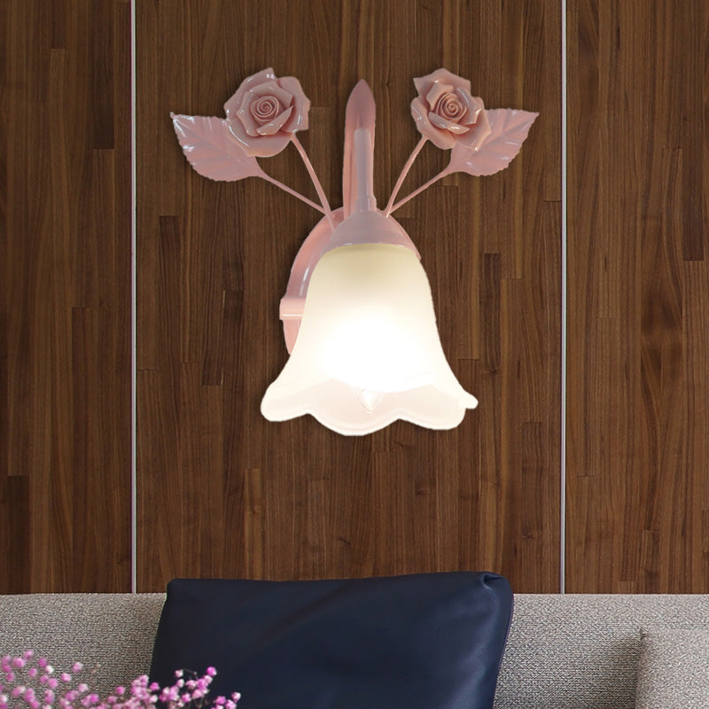 Ivory Glass Flower Wall Mounted Lamp Countryside 1 Head Living Room Sconce Light Fixture in White/Pink/Blue Clearhalo 'Wall Lamps & Sconces' 'Wall Lights' Lighting' 324972