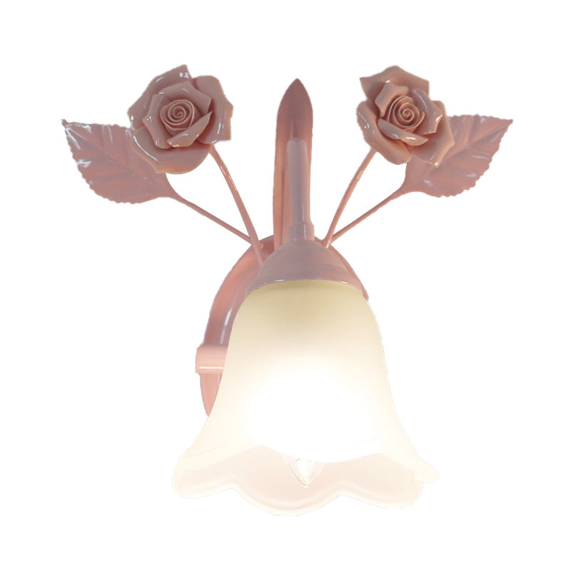 Ivory Glass Flower Wall Mounted Lamp Countryside 1 Head Living Room Sconce Light Fixture in White/Pink/Blue Clearhalo 'Wall Lamps & Sconces' 'Wall Lights' Lighting' 324973