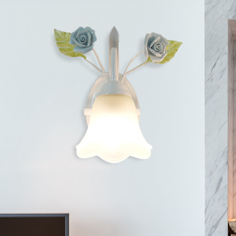 Ivory Glass Flower Wall Mounted Lamp Countryside 1 Head Living Room Sconce Light Fixture in White/Pink/Blue Blue Clearhalo 'Wall Lamps & Sconces' 'Wall Lights' Lighting' 324974