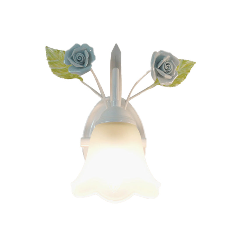 Ivory Glass Flower Wall Mounted Lamp Countryside 1 Head Living Room Sconce Light Fixture in White/Pink/Blue Clearhalo 'Wall Lamps & Sconces' 'Wall Lights' Lighting' 324976