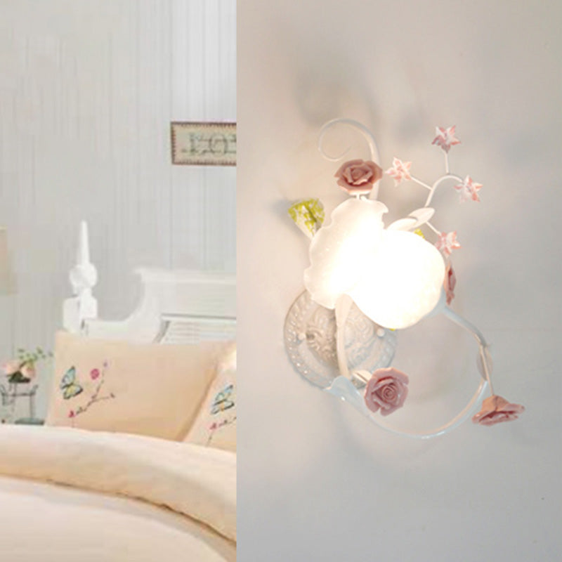 Cream Glass Blossom Wall Mounted Lamp Countryside 1 Head Living Room Sconce Light Fixture in White/Pink, Left/Right Clearhalo 'Wall Lamps & Sconces' 'Wall Lights' Lighting' 325005