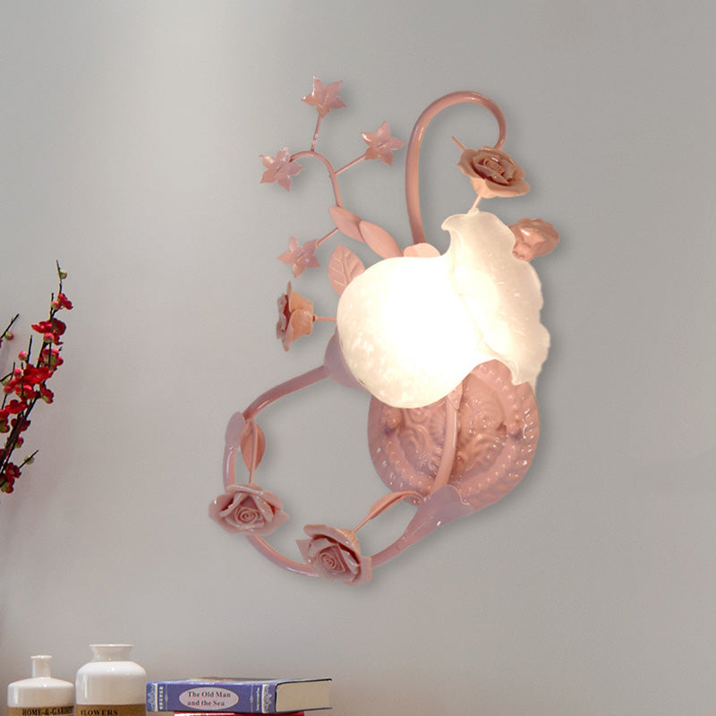 Cream Glass Blossom Wall Mounted Lamp Countryside 1 Head Living Room Sconce Light Fixture in White/Pink, Left/Right Pink Right Clearhalo 'Wall Lamps & Sconces' 'Wall Lights' Lighting' 325007