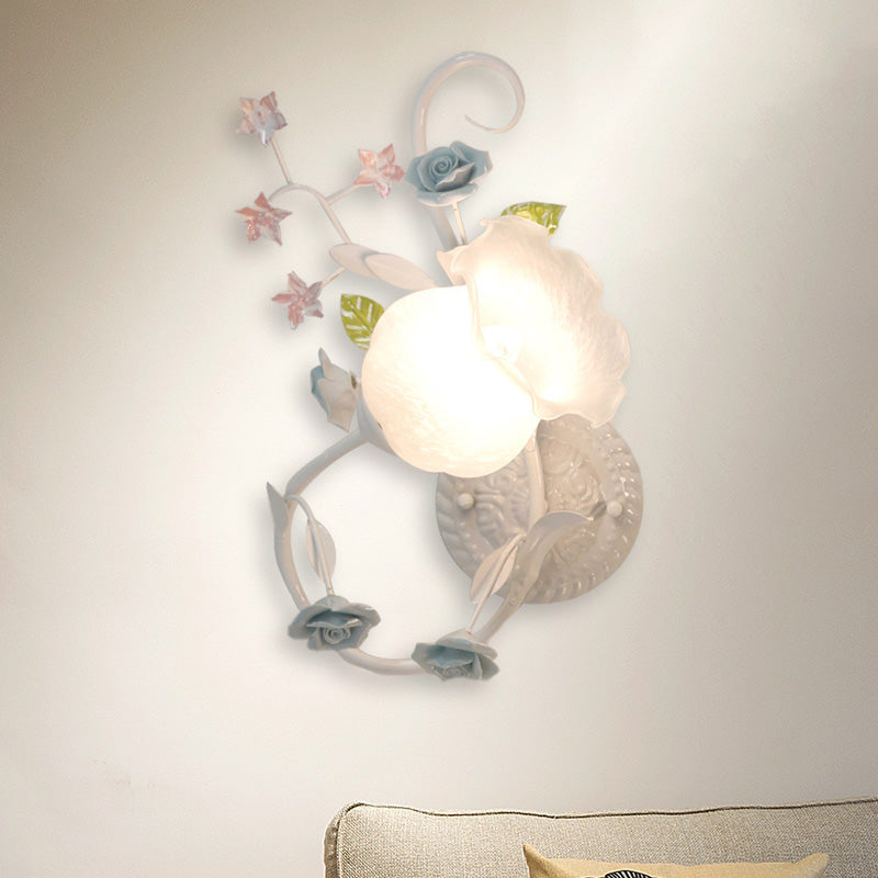 Cream Glass Blossom Wall Mounted Lamp Countryside 1 Head Living Room Sconce Light Fixture in White/Pink, Left/Right White Right Clearhalo 'Wall Lamps & Sconces' 'Wall Lights' Lighting' 325011