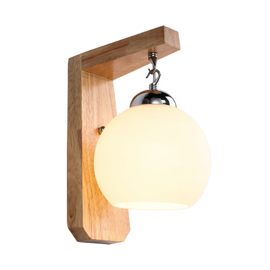 Wood Armed Sconce Light Asian 1 Head Beige Wall Lighting Fixture with Round White Glass Shade Clearhalo 'Wall Lamps & Sconces' 'Wall Lights' Lighting' 325035