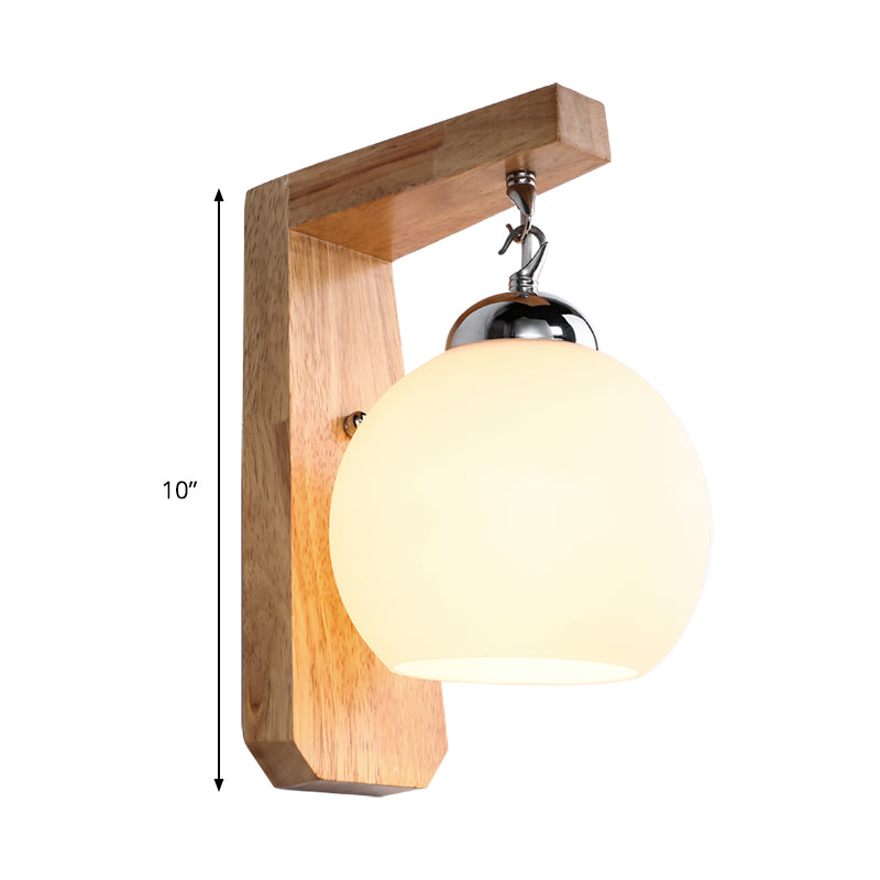 Wood Armed Sconce Light Asian 1 Head Beige Wall Lighting Fixture with Round White Glass Shade Clearhalo 'Wall Lamps & Sconces' 'Wall Lights' Lighting' 325036