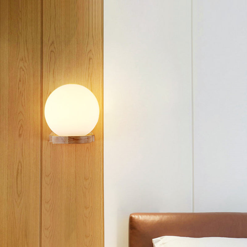 Modernism 1 Bulb Wall Lighting Wood Spherical Sconce Light Fixture with Milk Glass Shade Wood Clearhalo 'Wall Lamps & Sconces' 'Wall Lights' Lighting' 325046