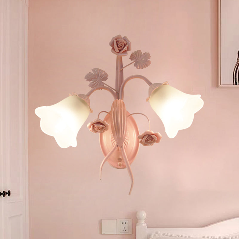 2 Lights Opal Glass Wall Sconce Countryside Pink Blossom Living Room Wall Mounted Light Clearhalo 'Wall Lamps & Sconces' 'Wall Lights' Lighting' 325052