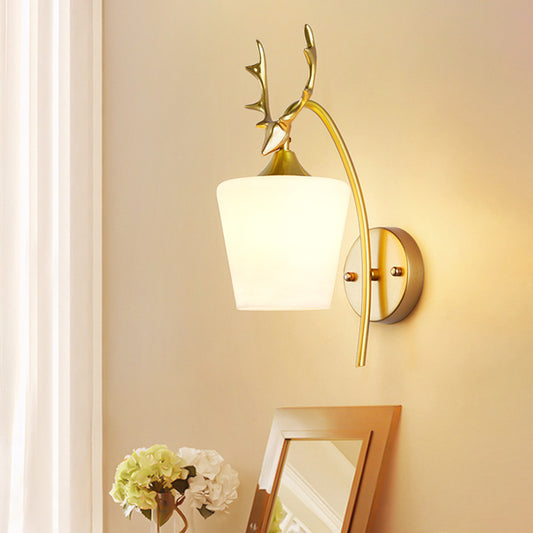 Conical Sconce Modern Opal Glass 1 Head Gold Wall Mount Light Fixture with Metal Elk Gold Clearhalo 'Cast Iron' 'Glass' 'Industrial' 'Modern wall lights' 'Modern' 'Tiffany' 'Traditional wall lights' 'Wall Lamps & Sconces' 'Wall Lights' Lighting' 325061