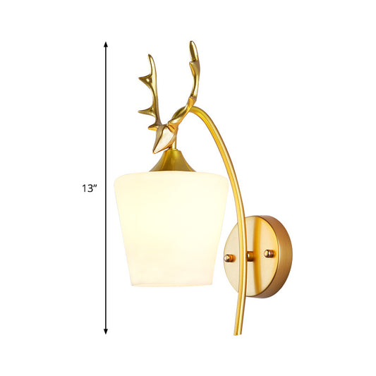 Conical Sconce Modern Opal Glass 1 Head Gold Wall Mount Light Fixture with Metal Elk Clearhalo 'Cast Iron' 'Glass' 'Industrial' 'Modern wall lights' 'Modern' 'Tiffany' 'Traditional wall lights' 'Wall Lamps & Sconces' 'Wall Lights' Lighting' 325065