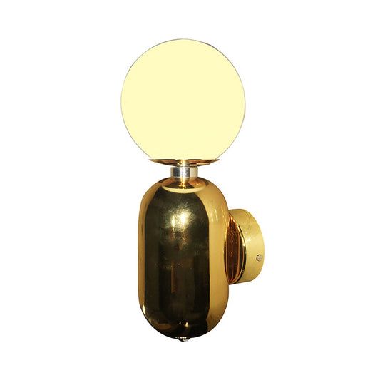 Globe Sconce Light Modernism White Glass 6"/8" Wide 1 Bulb Gold Wall Mounted Lighting Clearhalo 'Cast Iron' 'Glass' 'Industrial' 'Modern wall lights' 'Modern' 'Tiffany' 'Traditional wall lights' 'Wall Lamps & Sconces' 'Wall Lights' Lighting' 325074