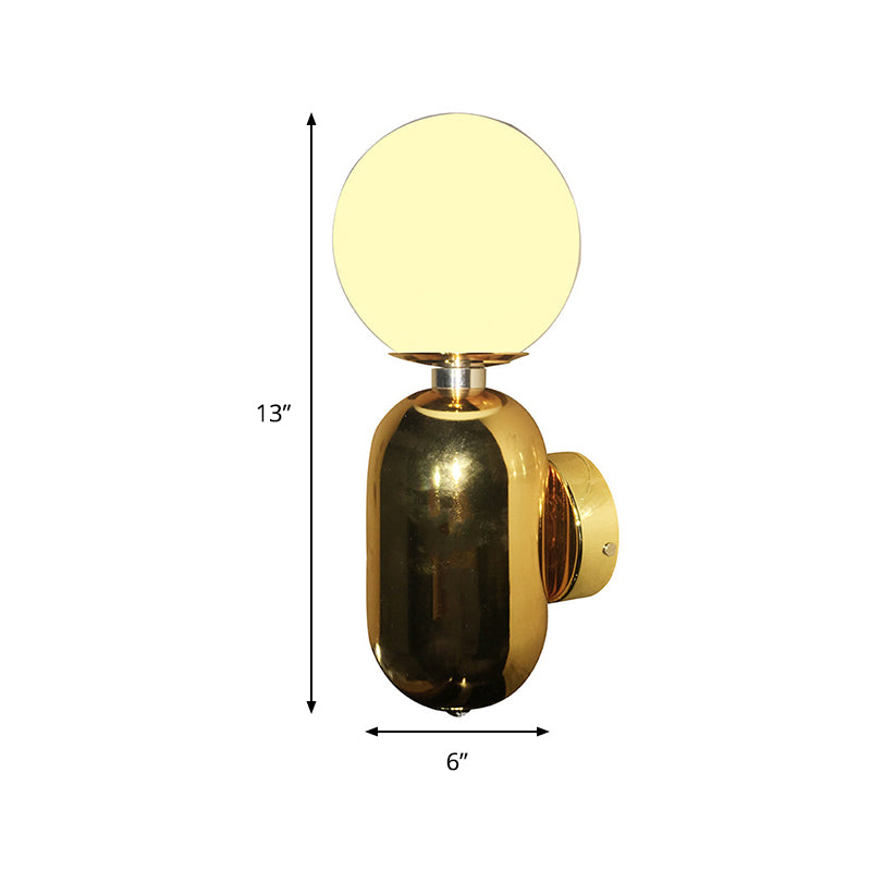 Globe Sconce Light Modernism White Glass 6"/8" Wide 1 Bulb Gold Wall Mounted Lighting Clearhalo 'Cast Iron' 'Glass' 'Industrial' 'Modern wall lights' 'Modern' 'Tiffany' 'Traditional wall lights' 'Wall Lamps & Sconces' 'Wall Lights' Lighting' 325075