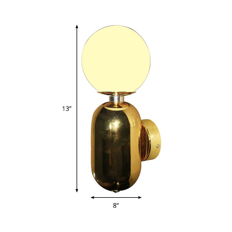 Globe Sconce Light Modernism White Glass 6"/8" Wide 1 Bulb Gold Wall Mounted Lighting Clearhalo 'Cast Iron' 'Glass' 'Industrial' 'Modern wall lights' 'Modern' 'Tiffany' 'Traditional wall lights' 'Wall Lamps & Sconces' 'Wall Lights' Lighting' 325076