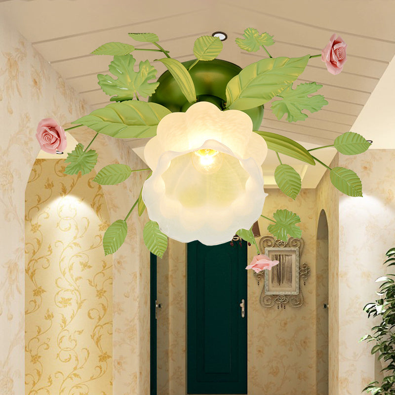 Flower Bedroom Semi-Flush Mount Traditional Frosted Glass 1 Bulb Green Close to Ceiling Lighting Fixture Green Clearhalo 'Ceiling Lights' 'Close To Ceiling Lights' 'Close to ceiling' 'Glass shade' 'Glass' 'Semi-flushmount' Lighting' 325095