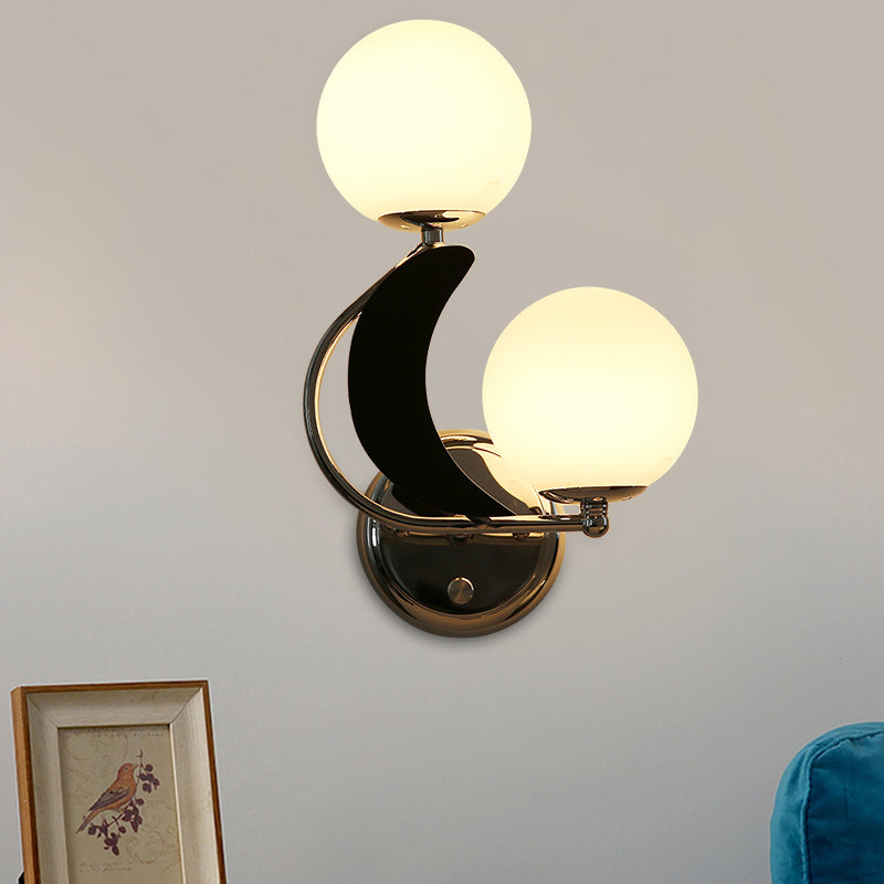 2 Heads Armed Sconce Contemporary Metal Wall Lighting Fixture in Chrome with Milk Glass Shade Chrome Clearhalo 'Cast Iron' 'Glass' 'Industrial' 'Modern wall lights' 'Modern' 'Tiffany' 'Traditional wall lights' 'Wall Lamps & Sconces' 'Wall Lights' Lighting' 325115