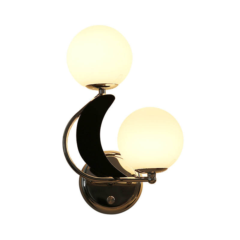 2 Heads Armed Sconce Contemporary Metal Wall Lighting Fixture in Chrome with Milk Glass Shade Clearhalo 'Cast Iron' 'Glass' 'Industrial' 'Modern wall lights' 'Modern' 'Tiffany' 'Traditional wall lights' 'Wall Lamps & Sconces' 'Wall Lights' Lighting' 325118