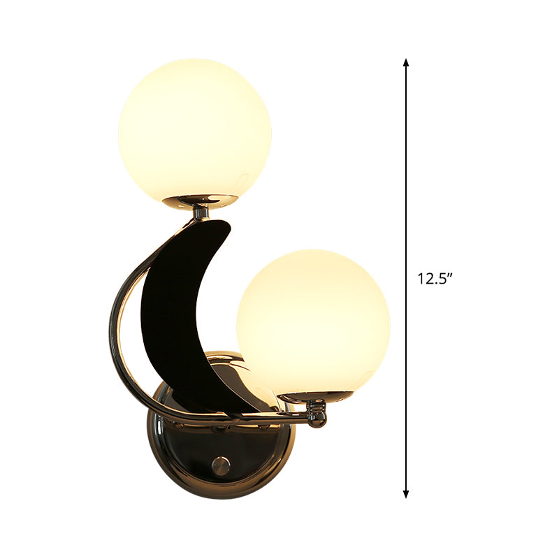2 Heads Armed Sconce Contemporary Metal Wall Lighting Fixture in Chrome with Milk Glass Shade Clearhalo 'Cast Iron' 'Glass' 'Industrial' 'Modern wall lights' 'Modern' 'Tiffany' 'Traditional wall lights' 'Wall Lamps & Sconces' 'Wall Lights' Lighting' 325119