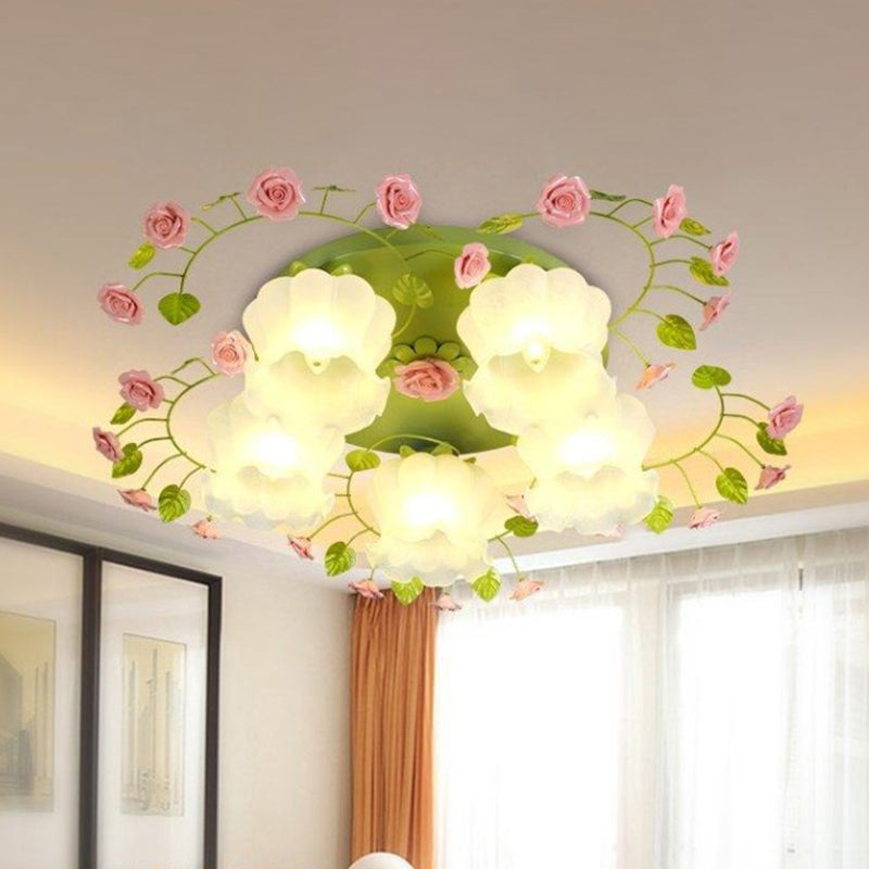 Cream Glass Rose Ceiling Lighting Traditional 5 Heads Bedroom Flush Mount Light Fixture in Green Green Clearhalo 'Ceiling Lights' 'Close To Ceiling Lights' 'Close to ceiling' 'Flush mount' Lighting' 325147