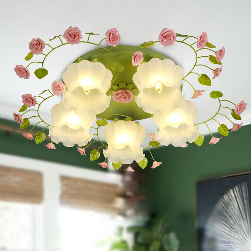 Cream Glass Rose Ceiling Lighting Traditional 5 Heads Bedroom Flush Mount Light Fixture in Green Clearhalo 'Ceiling Lights' 'Close To Ceiling Lights' 'Close to ceiling' 'Flush mount' Lighting' 325148