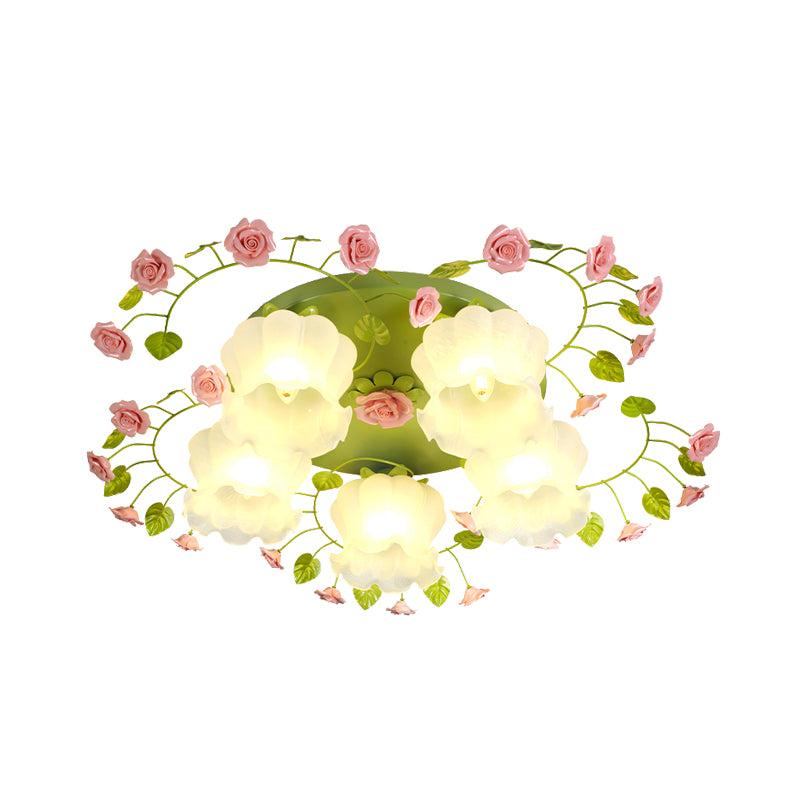 Cream Glass Rose Ceiling Lighting Traditional 5 Heads Bedroom Flush Mount Light Fixture in Green Clearhalo 'Ceiling Lights' 'Close To Ceiling Lights' 'Close to ceiling' 'Flush mount' Lighting' 325149