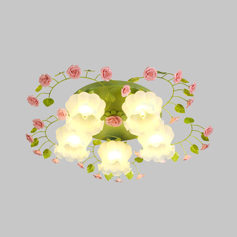 Cream Glass Rose Ceiling Lighting Traditional 5 Heads Bedroom Flush Mount Light Fixture in Green Clearhalo 'Ceiling Lights' 'Close To Ceiling Lights' 'Close to ceiling' 'Flush mount' Lighting' 325150