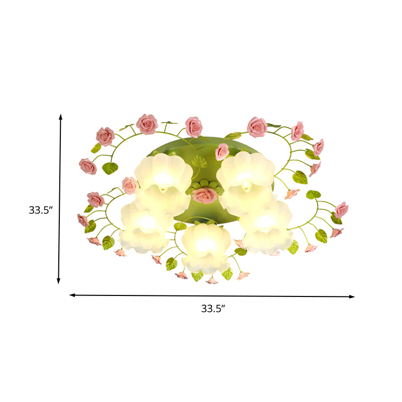 Cream Glass Rose Ceiling Lighting Traditional 5 Heads Bedroom Flush Mount Light Fixture in Green Clearhalo 'Ceiling Lights' 'Close To Ceiling Lights' 'Close to ceiling' 'Flush mount' Lighting' 325151