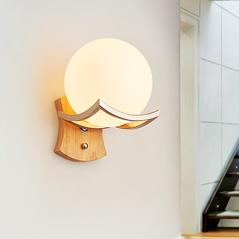 1 Head Stairway Wall Lamp Modernism Wood Sconce Light Fixture with Round Opal Glass Shade Clearhalo 'Wall Lamps & Sconces' 'Wall Lights' Lighting' 325153