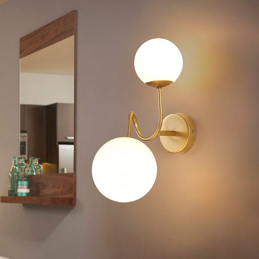 Metal Curved Arm Sconce Light Contemporary 2 Heads Wall Mounted Lamp in Gold with White Glass Shade Gold Clearhalo 'Cast Iron' 'Glass' 'Industrial' 'Modern wall lights' 'Modern' 'Tiffany' 'Traditional wall lights' 'Wall Lamps & Sconces' 'Wall Lights' Lighting' 325162